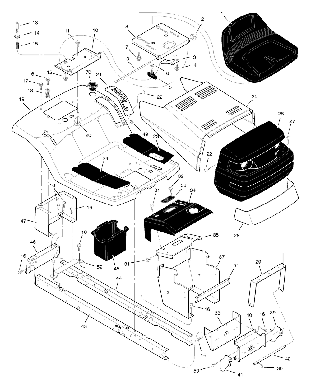 Chassis And Hood Diagram and Parts List for 385004X52A 2005 Briggs and Stratton Lawn Tractor